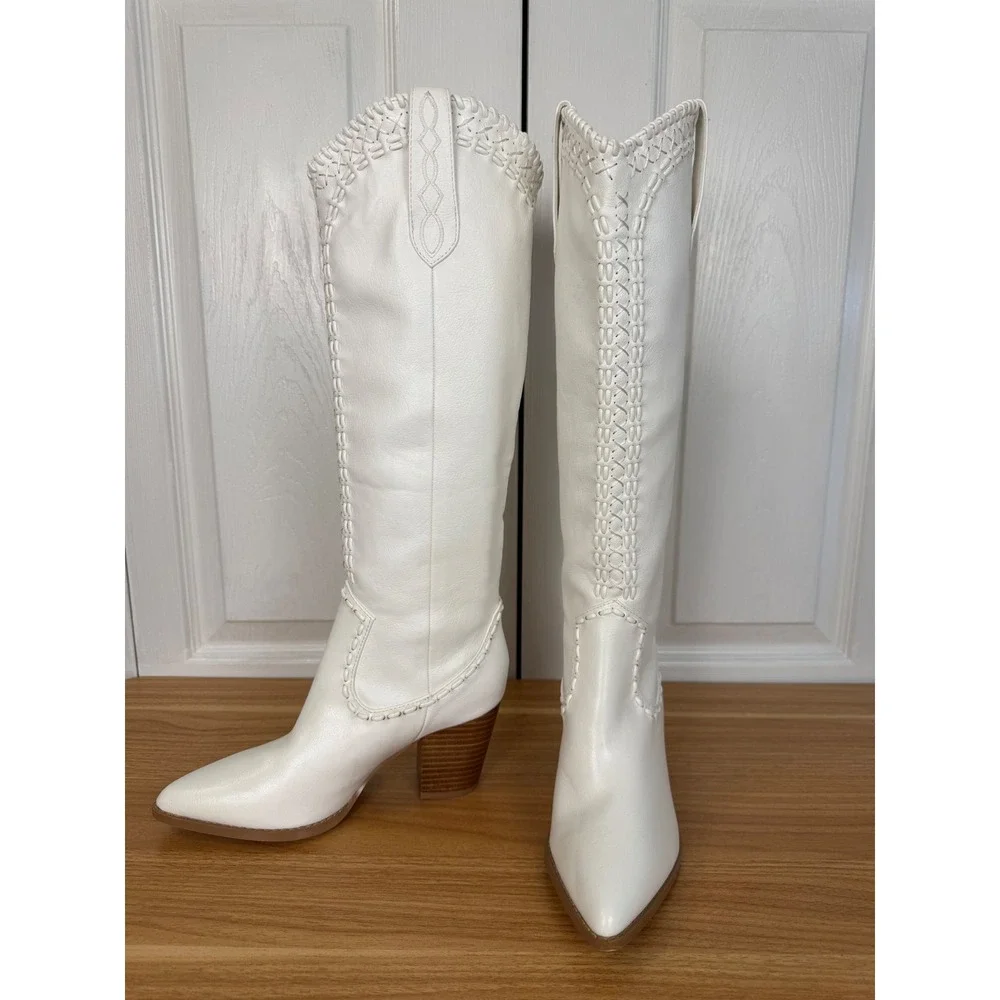 Show Me Your Mumu x Bilini Finley White Whipstitch Western Cowboy Boots Size 6